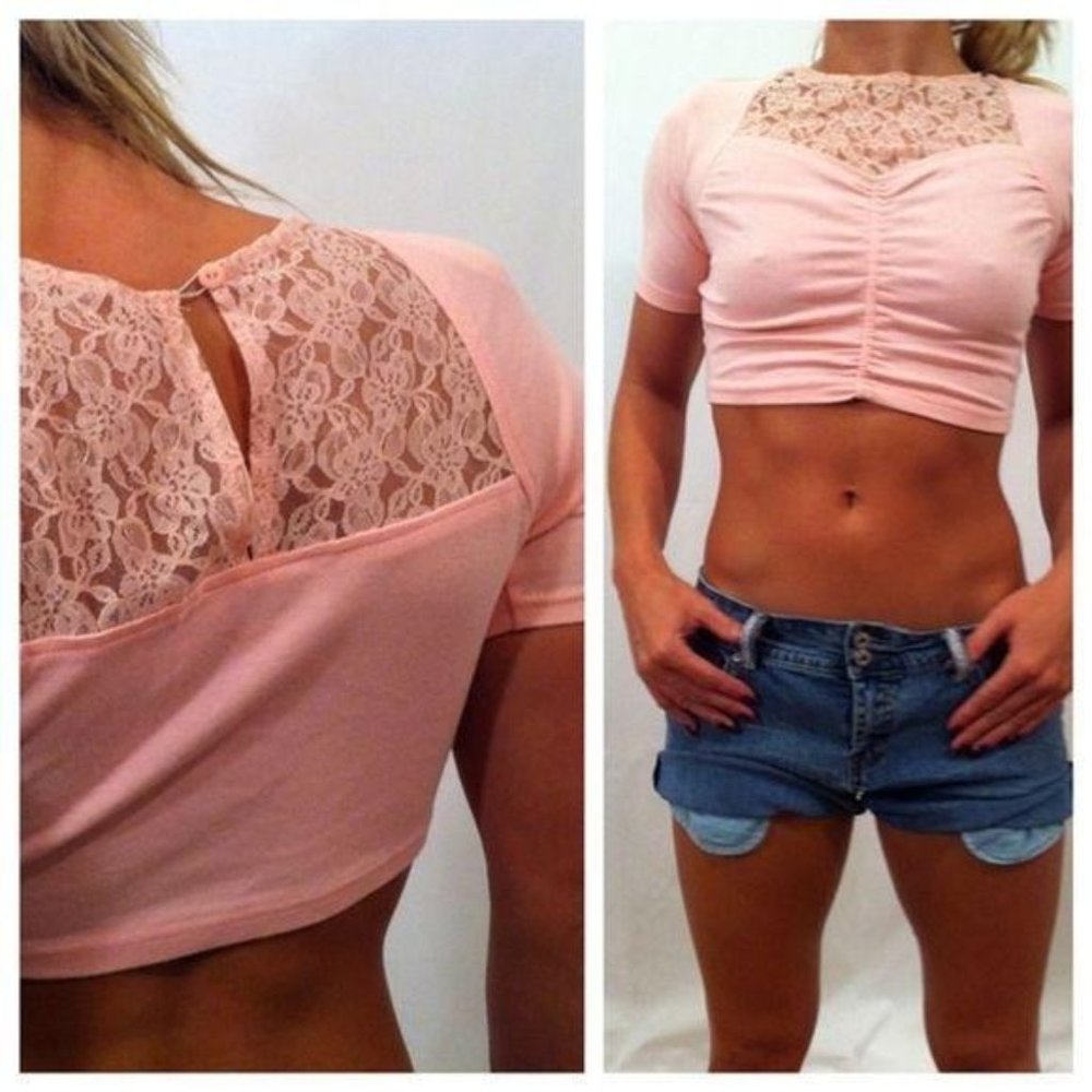 VTG PINK LACE CROP TOP SHOULDER PADS WOMENS S/M
